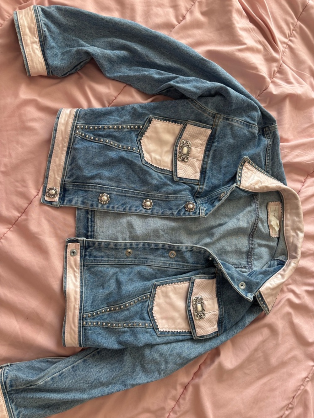 Vintage st. Maarten  Blue Denim Jacket with Cream Trim and Stud Accents